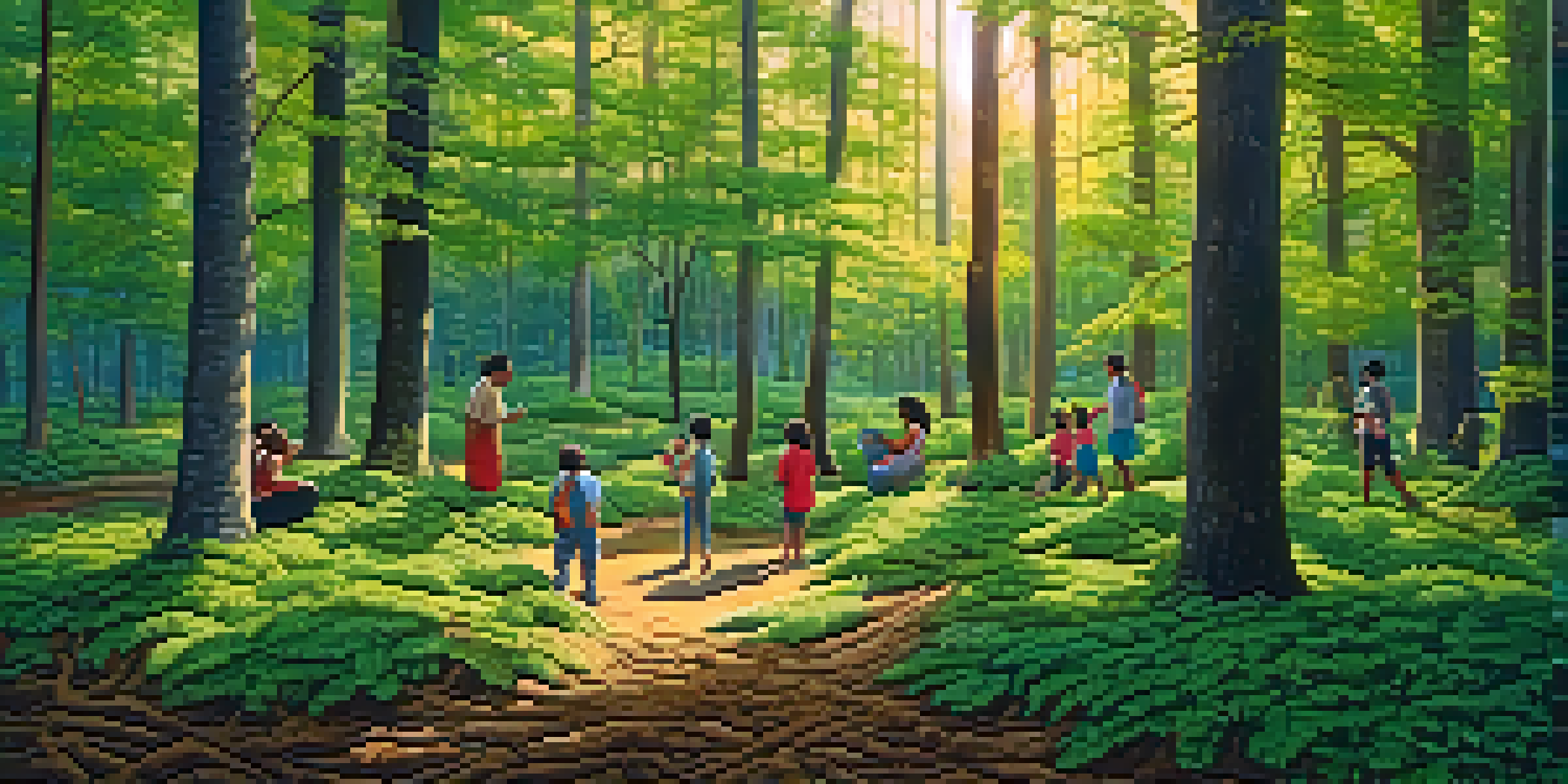 A diverse group of people planting young trees in a lush forest, with sunlight filtering through the leaves.