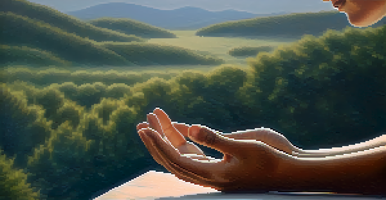 A close-up of hands in a mudra gesture practicing breath control, with a blurred nature background.
