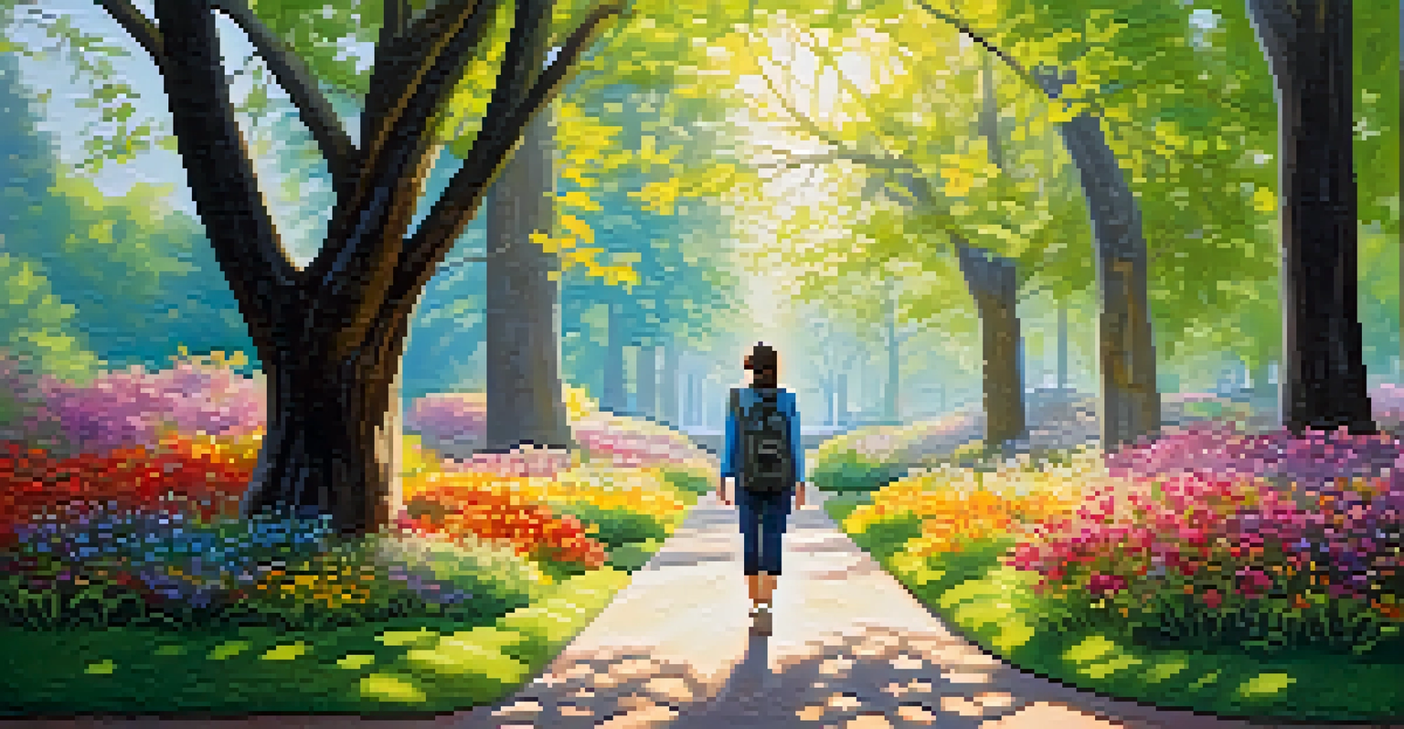 A person walking in a colorful park, pausing to appreciate the beauty of flowers and trees.
