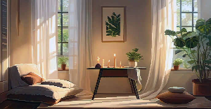 A person meditating in a sunlit room filled with plants and cushions, with a lit candle and an open journal nearby.
