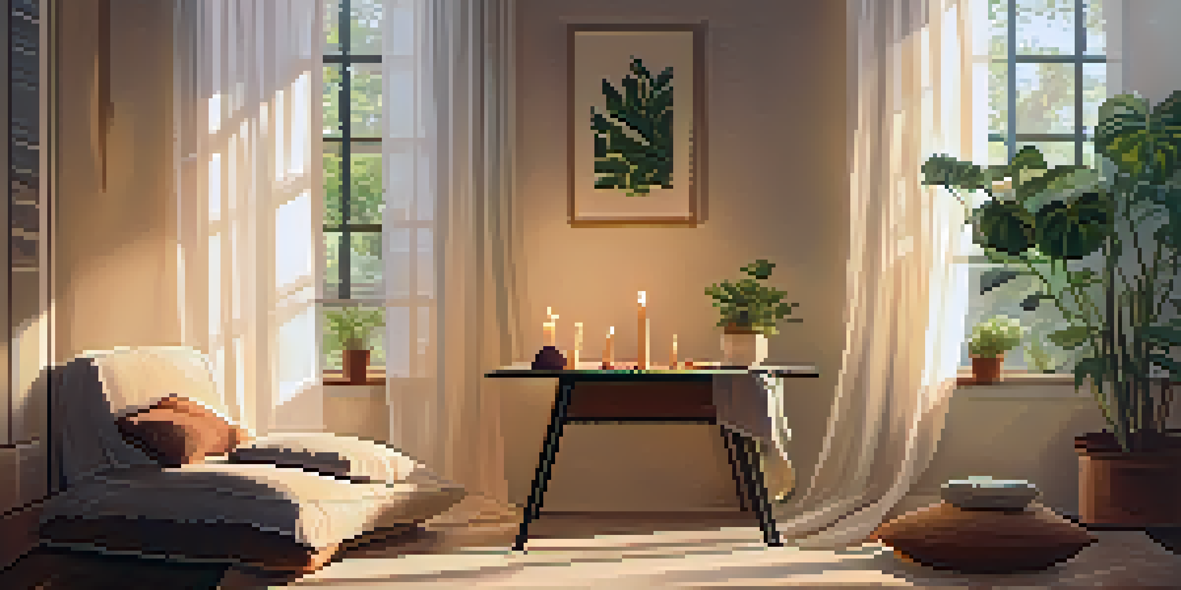 A person meditating in a sunlit room filled with plants and cushions, with a lit candle and an open journal nearby.