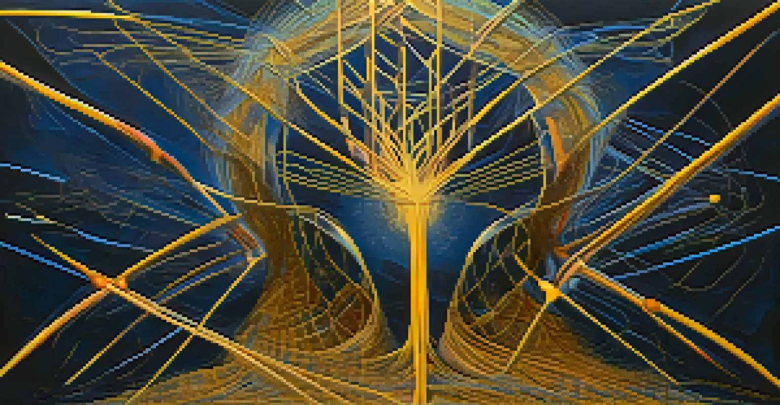 An abstract image showing colorful threads connecting human figures, nature, and cosmic elements against a deep blue background.
