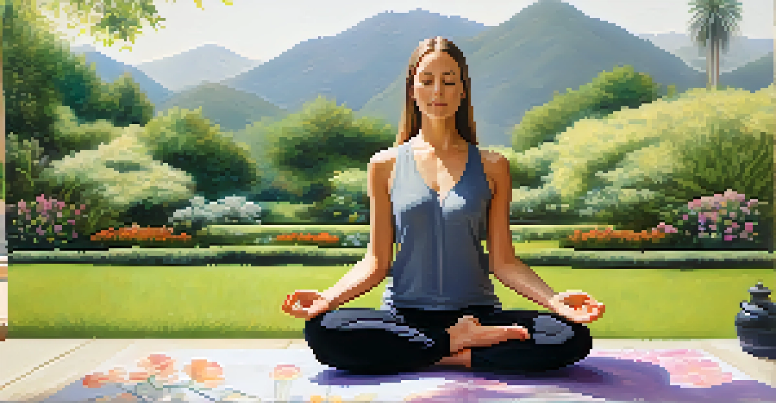 A close-up of a person meditating outdoors, practicing pranayama with a peaceful expression in a beautiful garden.