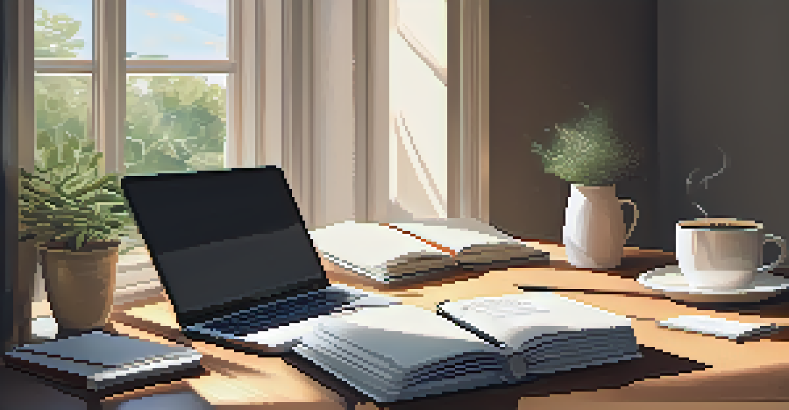 An organized desk with a laptop, an open gratitude journal, and a cup of coffee, bathed in warm morning light from a nearby window.