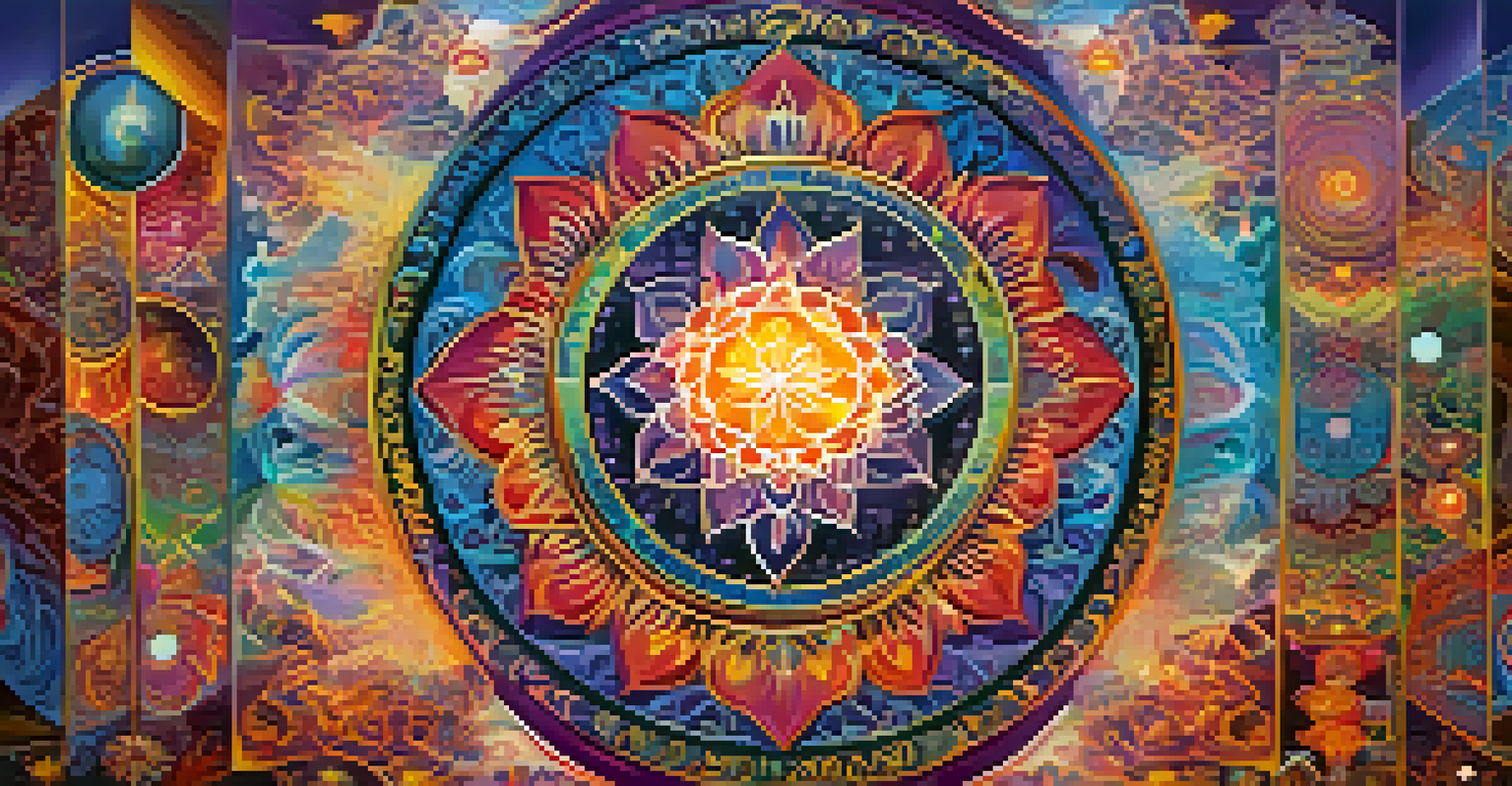 A colorful digital representation of diverse spiritual symbols blending together, symbolizing inclusivity and connection.