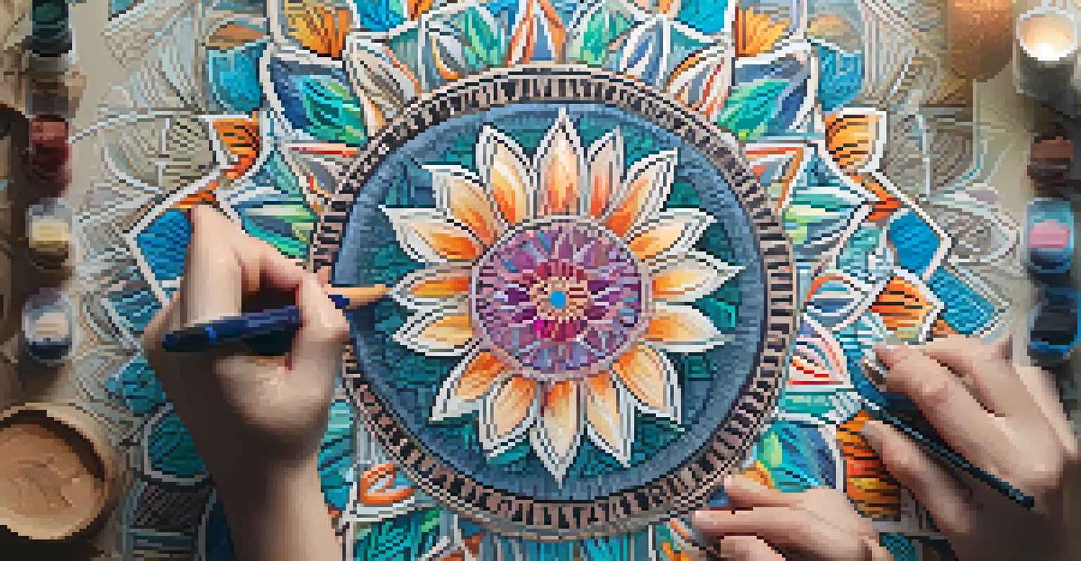 Close-up of hands drawing a colorful mandala on textured paper in warm lighting.