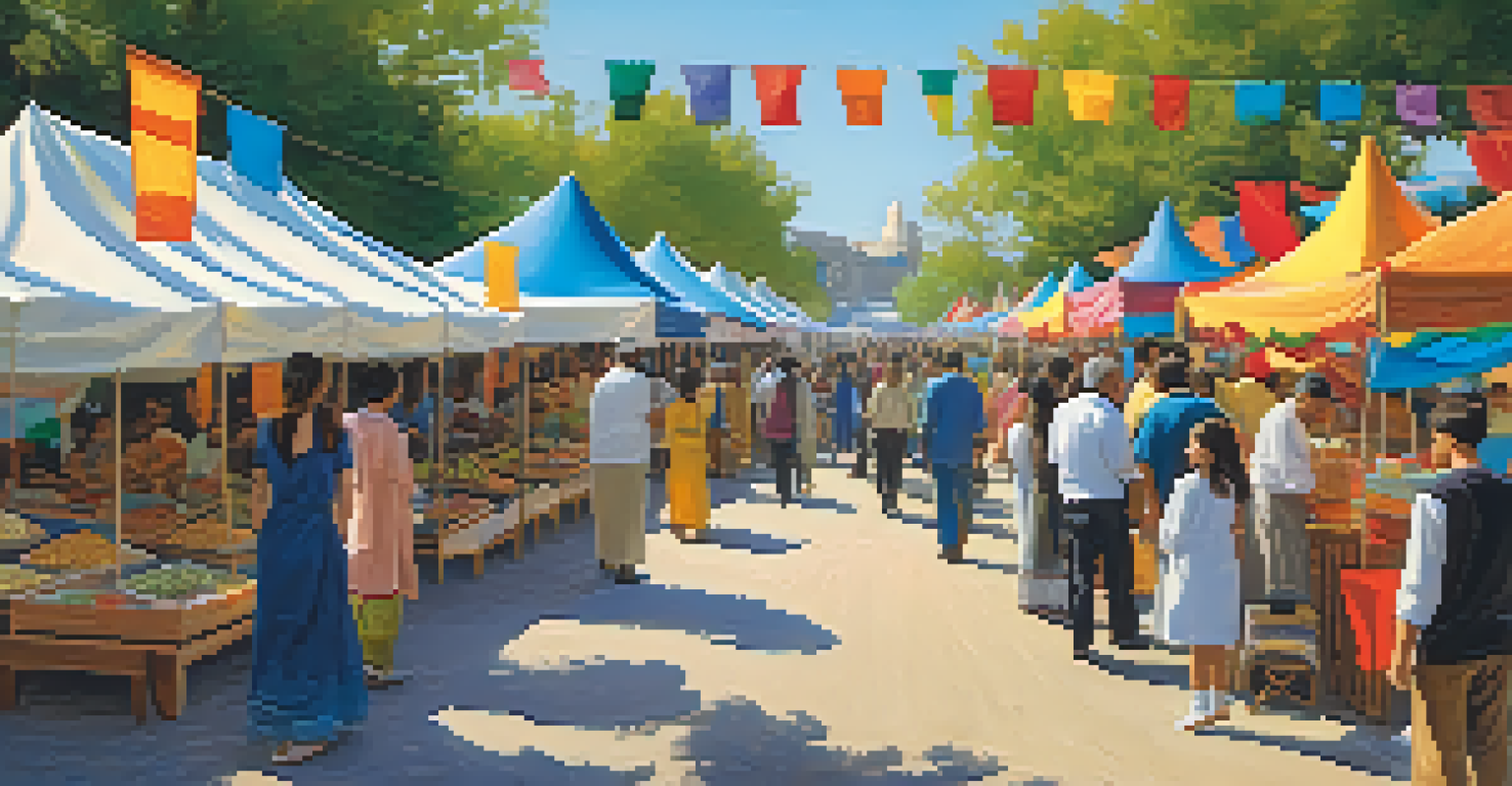 A vibrant outdoor cultural fair with booths representing different religions and cultures, where families and students interact and learn from each other.