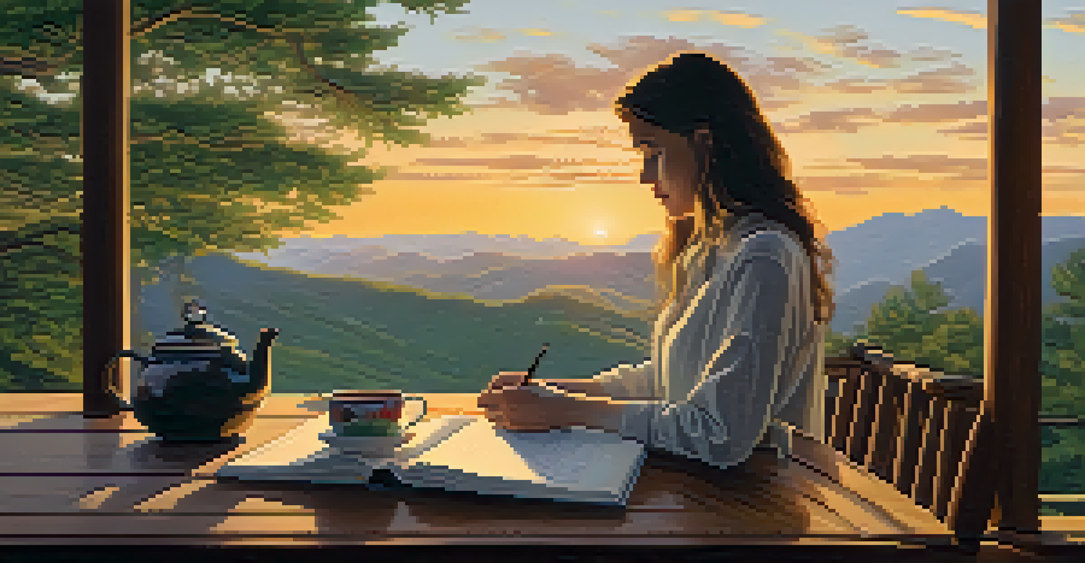 A person journaling on a balcony overlooking a tranquil landscape at sunset, with a cup of tea nearby.