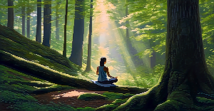 A person meditating in a sunlit forest surrounded by tall trees and soft moss.