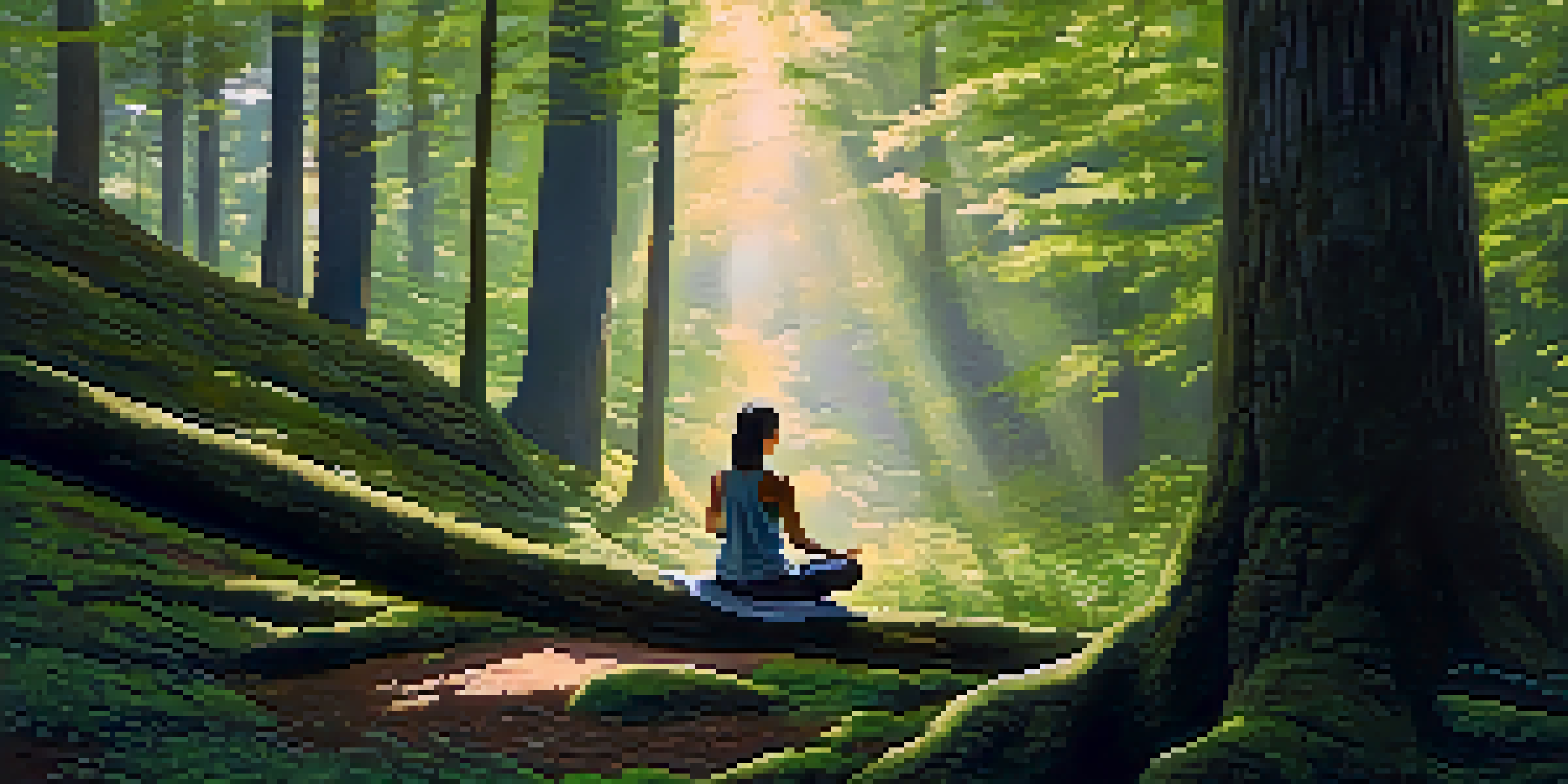A person meditating in a sunlit forest surrounded by tall trees and soft moss.