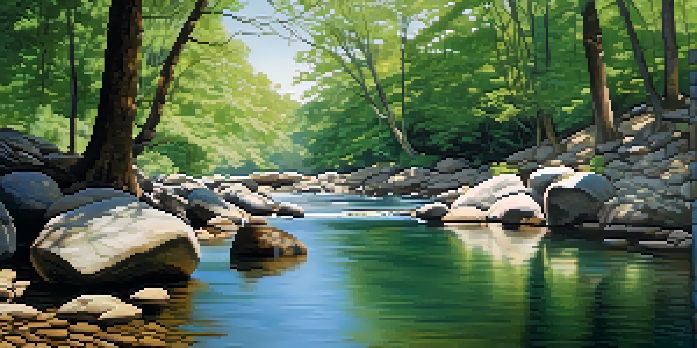 A peaceful river flowing around stones with sunlight filtering through trees, creating a serene atmosphere.