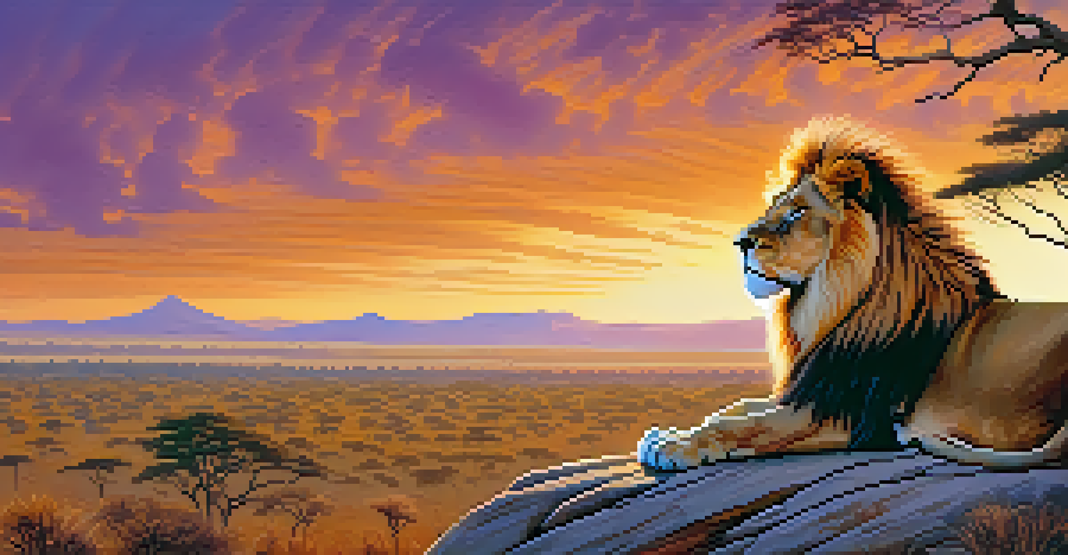 A lion standing proudly on a rocky outcrop at sunset, symbolizing courage and power against a vibrant sky.