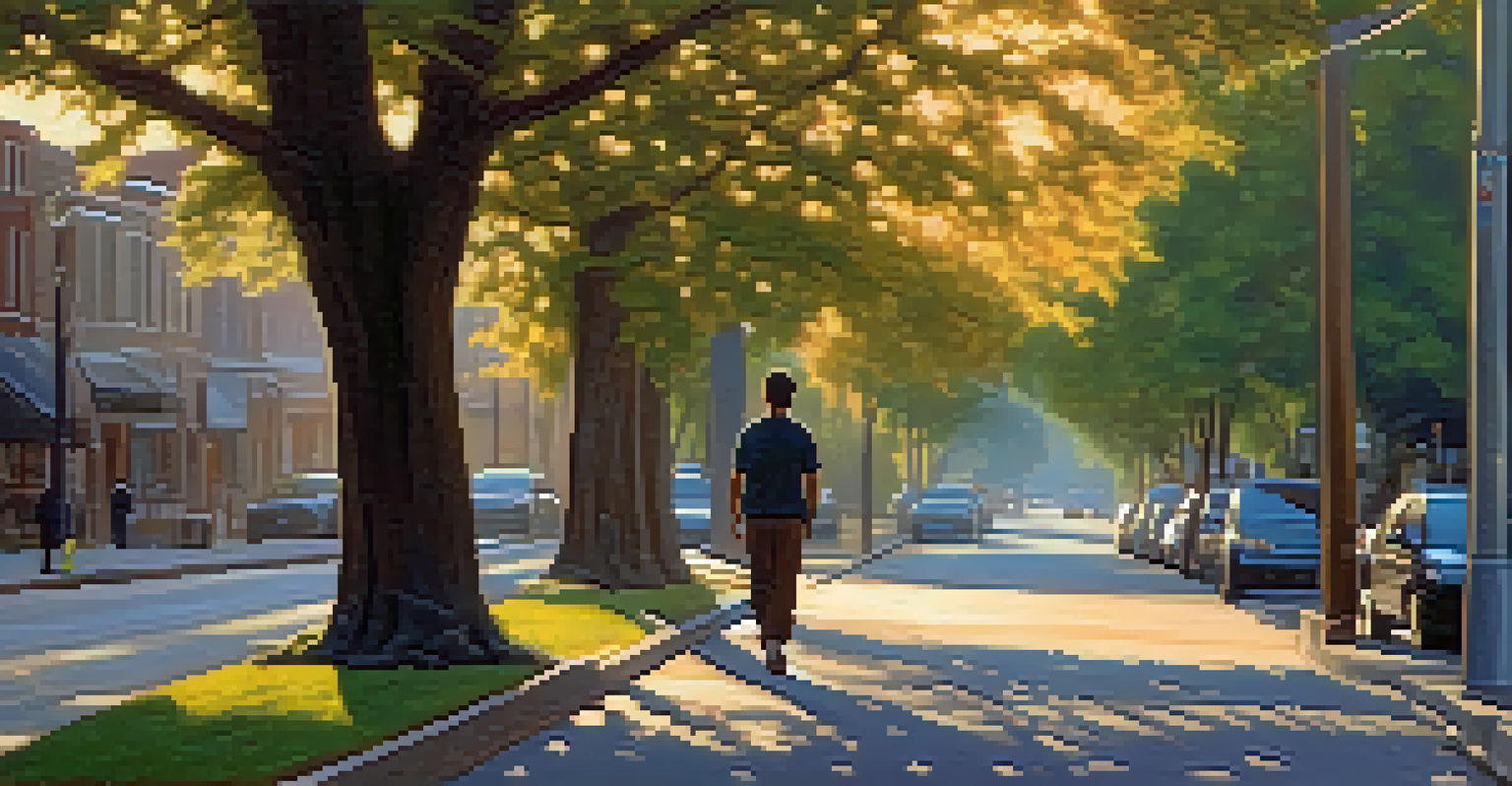 A person walking mindfully on a quiet urban street, with trees and warm sunset light creating a calm atmosphere.