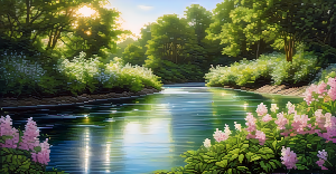 A peaceful river flowing through a vibrant green landscape with flowers, illustrating the idea of forgiveness and inner peace.