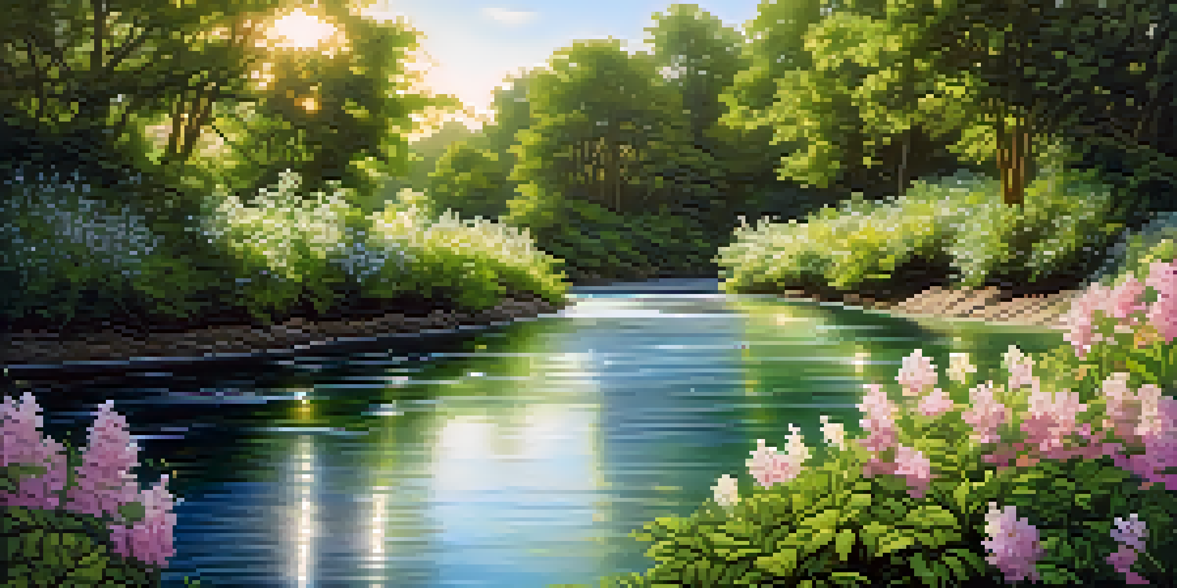 A peaceful river flowing through a vibrant green landscape with flowers, illustrating the idea of forgiveness and inner peace.