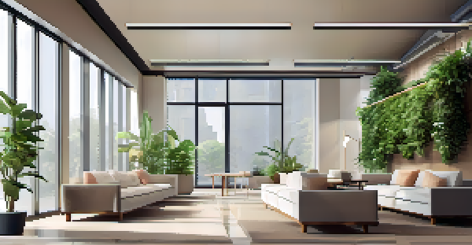 A peaceful office space designed for mindfulness with comfortable seating, natural light, and calming decor, including plants and an indoor waterfall.