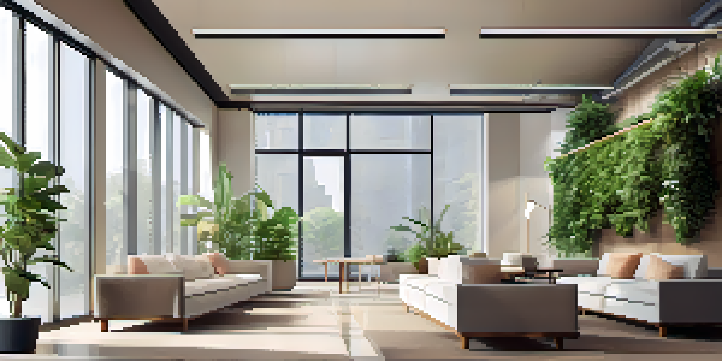 A peaceful office space designed for mindfulness with comfortable seating, natural light, and calming decor, including plants and an indoor waterfall.