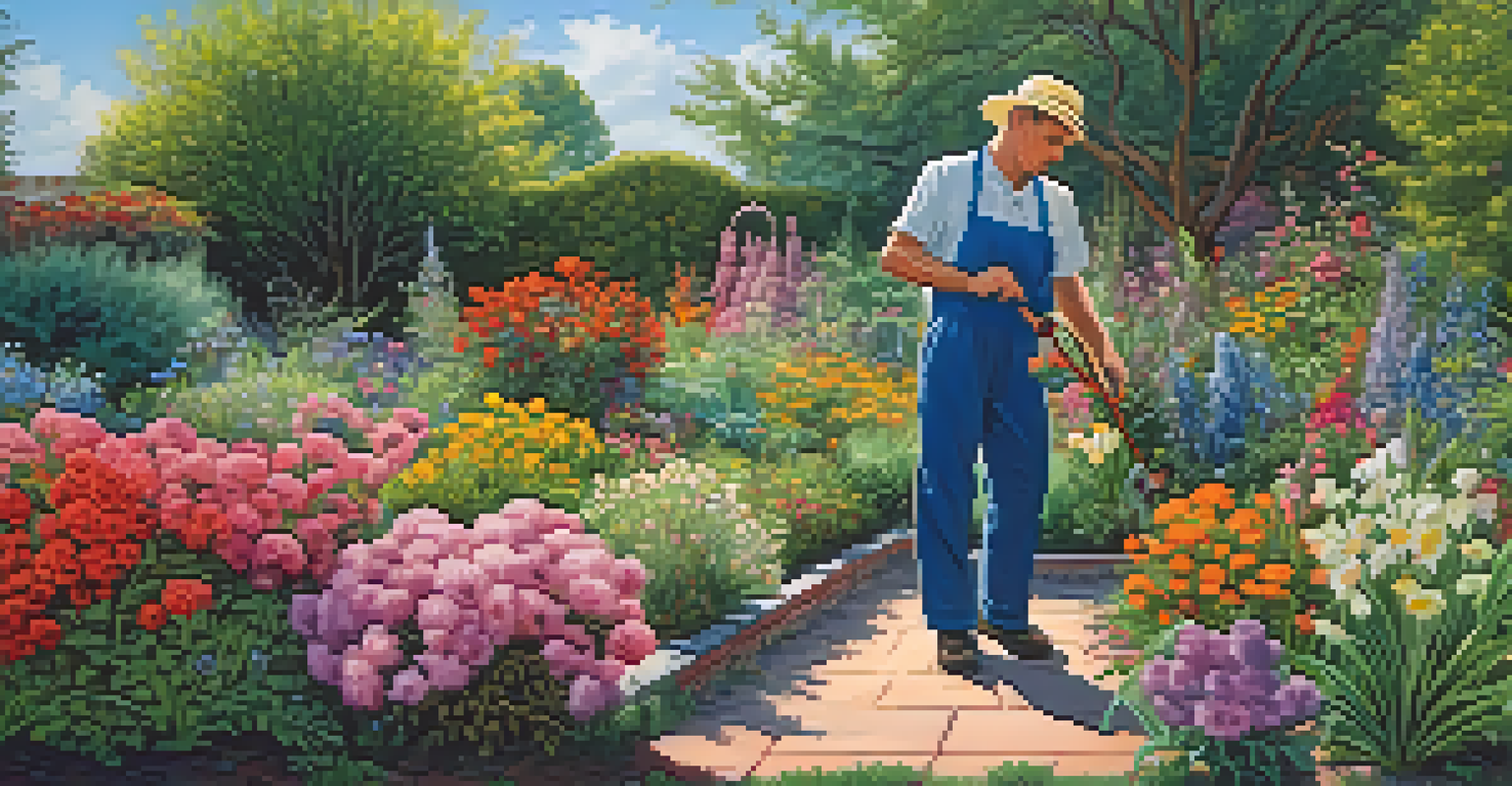 A gardener pruning plants in a colorful blooming garden, symbolizing growth and renewal.