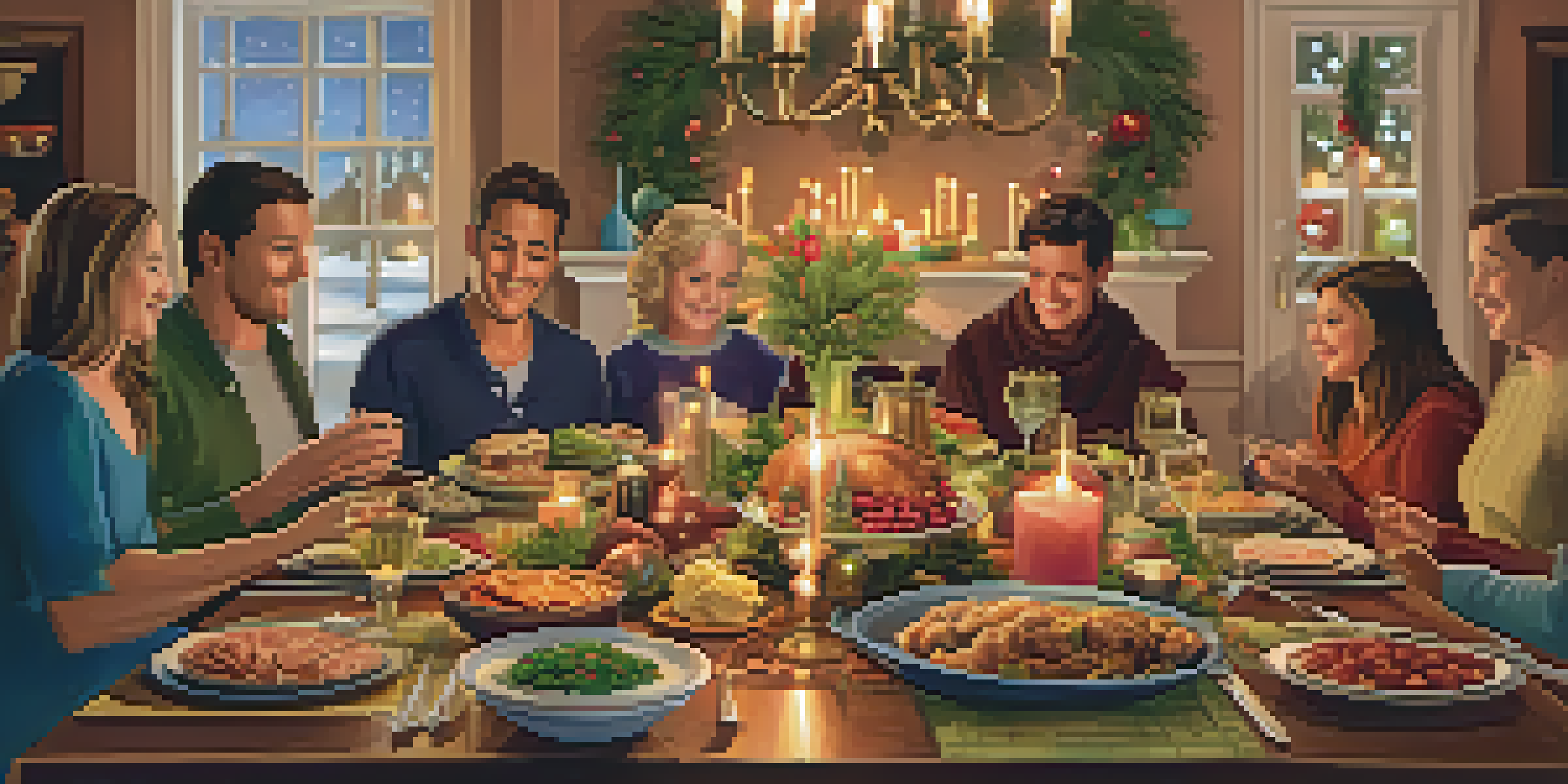 A dining table set for a family holiday feast, decorated with seasonal items and warm candlelight, showcasing traditional dishes and happy family interactions.