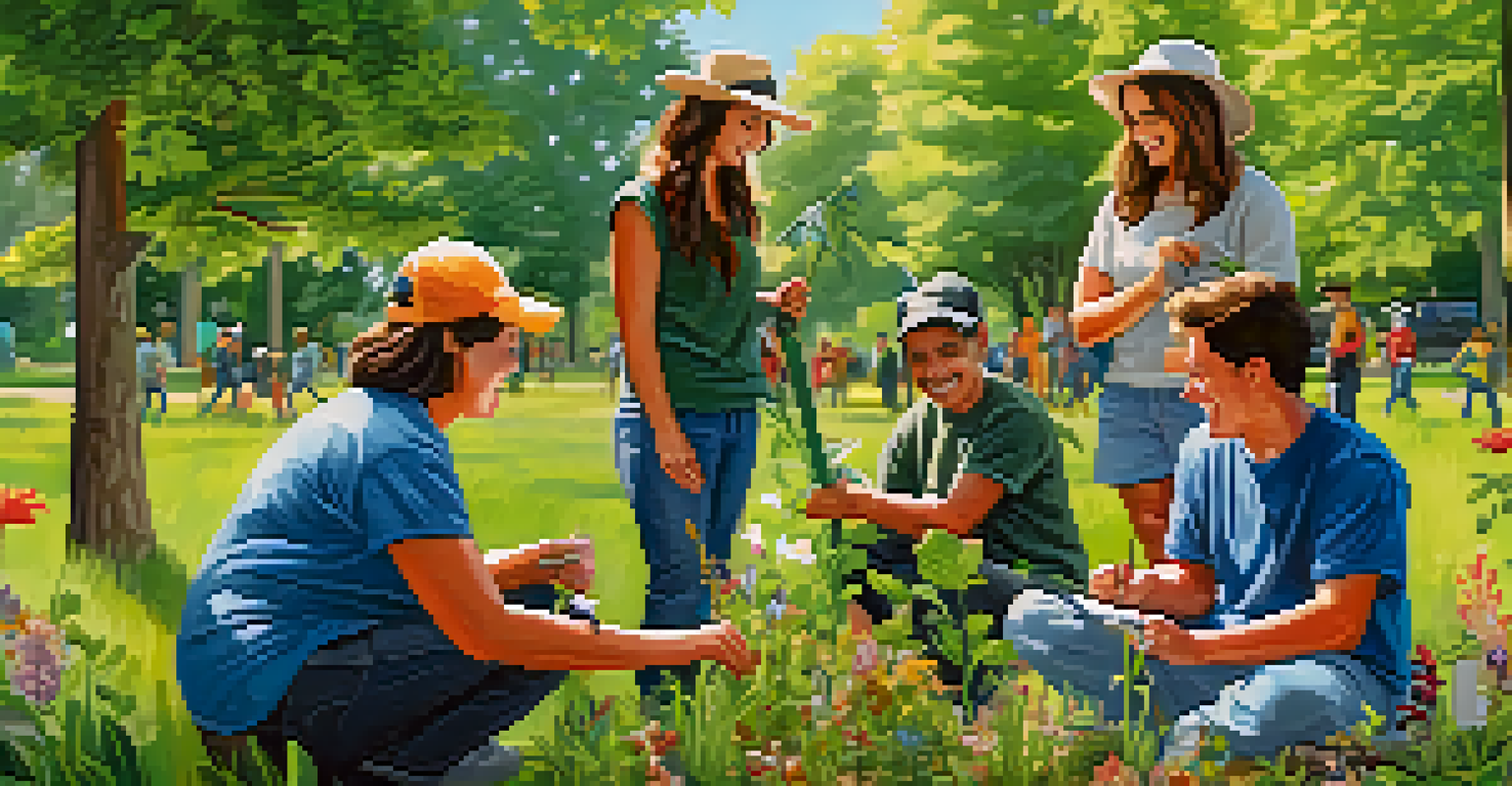 A diverse group of individuals working together in a park, planting flowers and setting up birdhouses as part of a wildlife conservation initiative.