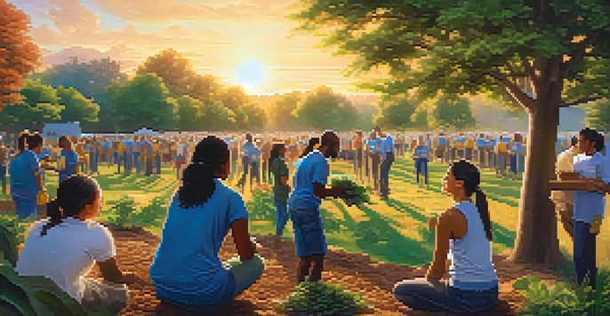 A diverse group of volunteers working together in a park, planting trees and painting a mural under a warm sunset.