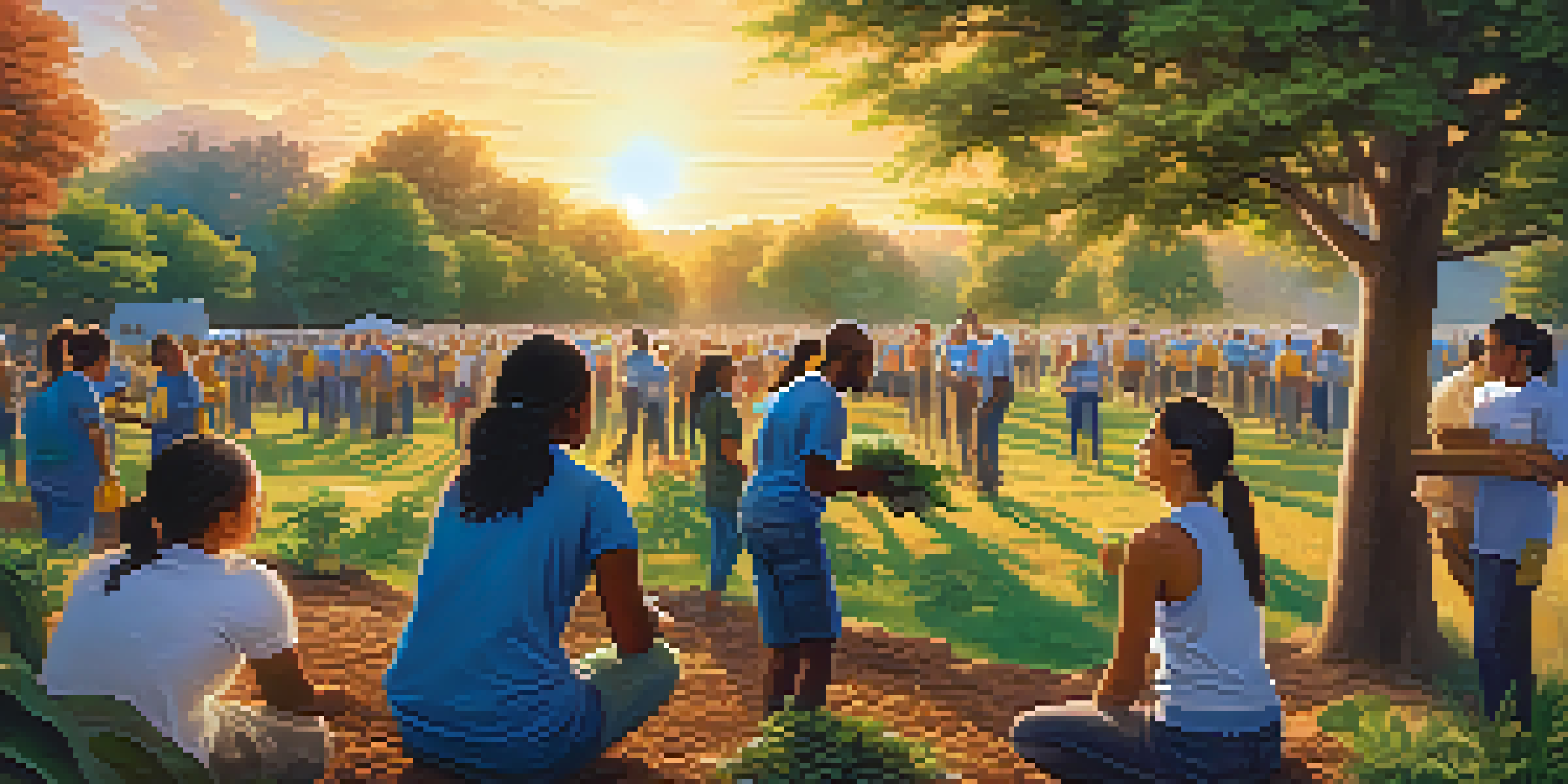 A diverse group of volunteers working together in a park, planting trees and painting a mural under a warm sunset.
