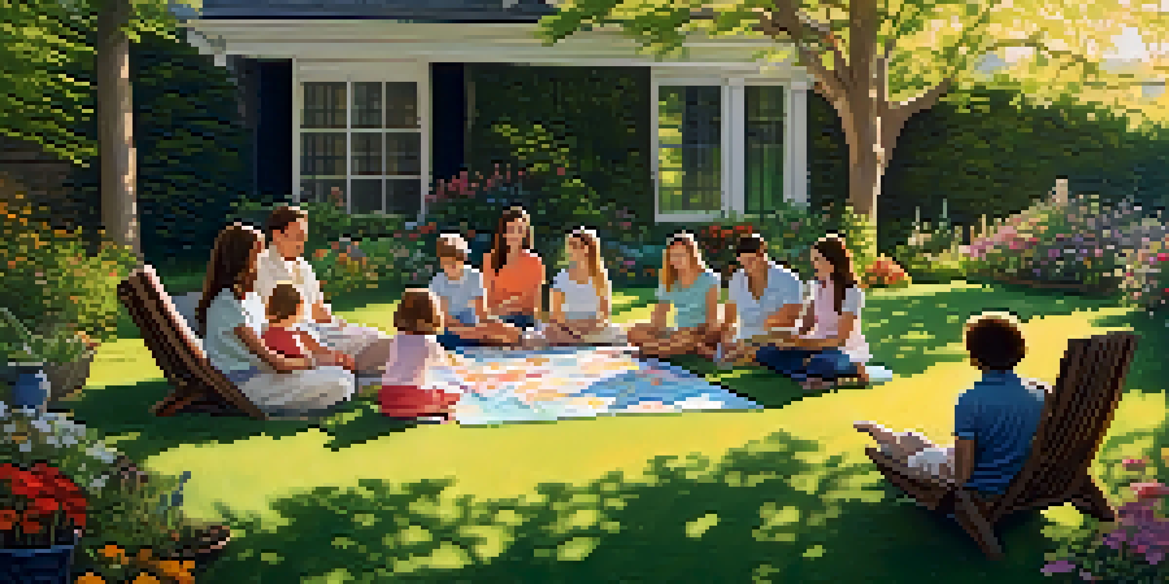 A family sitting together in a sunny backyard, participating in various spiritual activities like meditation and journaling, surrounded by blooming flowers and green trees.