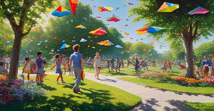 A diverse group of individuals playing in a vibrant outdoor setting with trees and flowers, flying kites and playing frisbee.