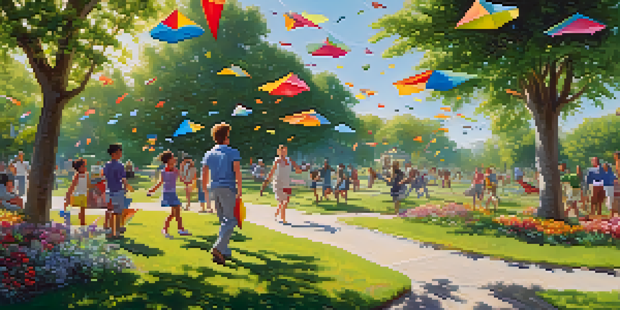 A diverse group of individuals playing in a vibrant outdoor setting with trees and flowers, flying kites and playing frisbee.