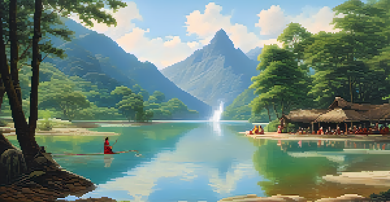A sacred water source framed by mountains with Indigenous people performing a ritual of gratitude at dawn.