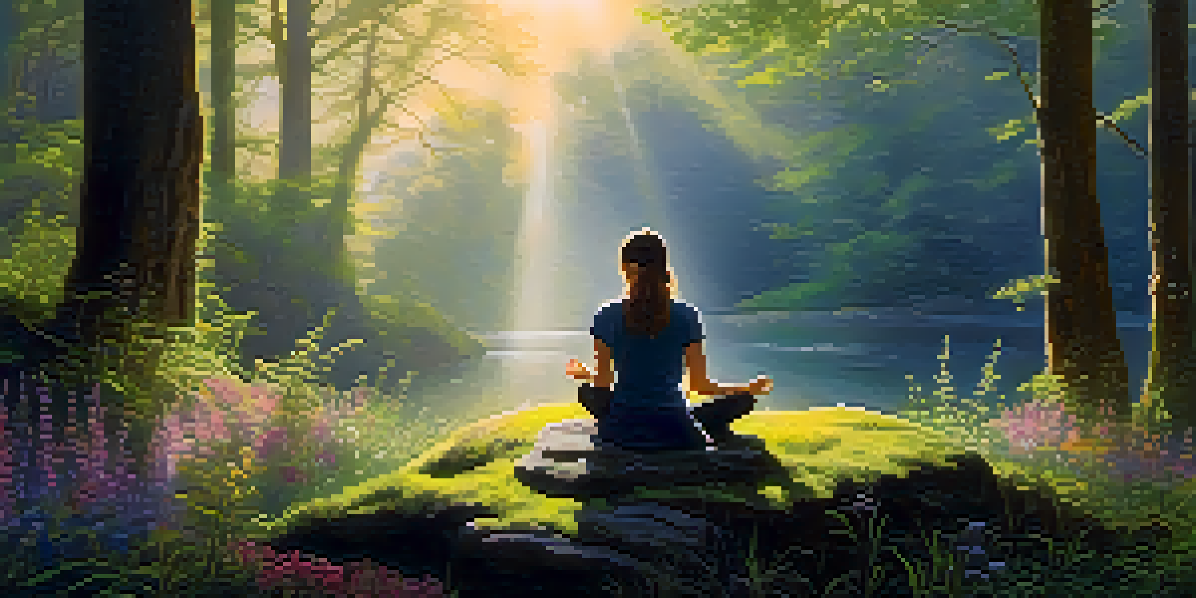 A person meditating in a forest clearing at sunrise, with golden light filtering through trees and a misty atmosphere.