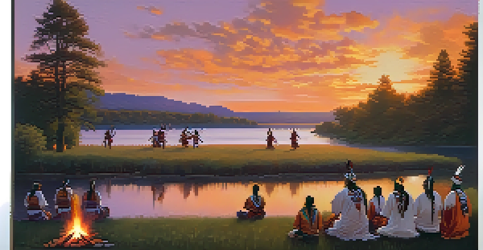 A Native American ceremonial gathering at sunset with participants in traditional attire dancing around a fire by a river.