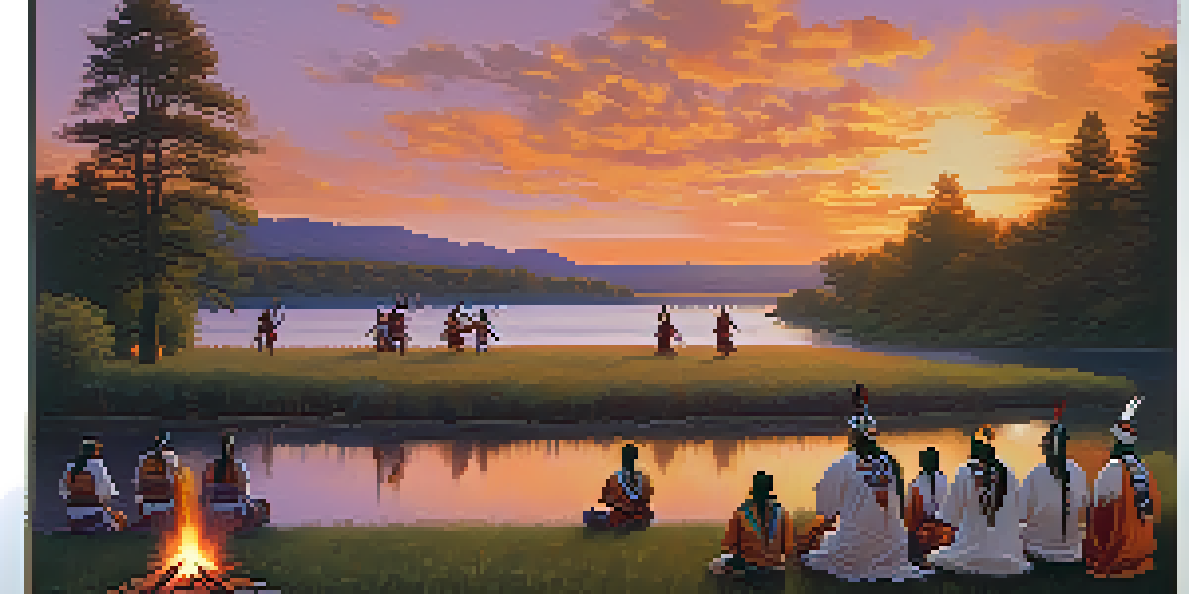A Native American ceremonial gathering at sunset with participants in traditional attire dancing around a fire by a river.