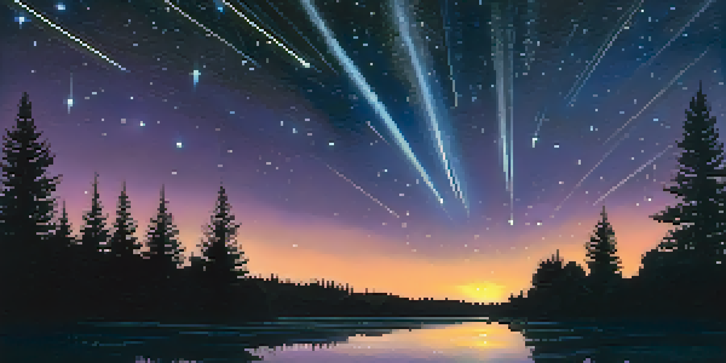 A night sky with shooting stars above a serene landscape, highlighting the beauty of a meteor shower.