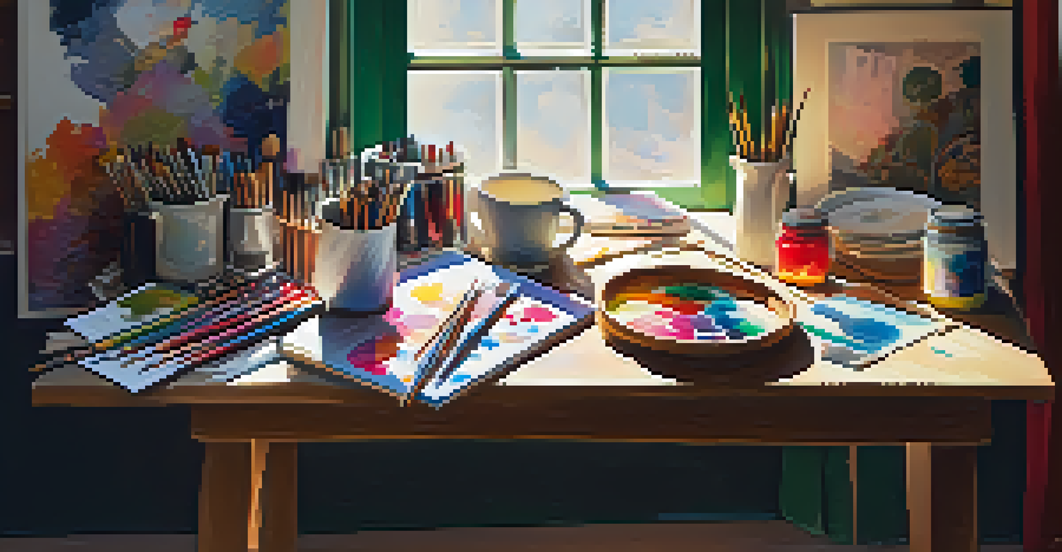 An artist's workspace with colorful art supplies, a canvas, and a cup of tea, bathed in sunlight.