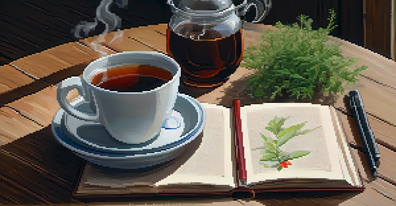 A close-up of a steaming cup of herbal tea on a wooden table, accompanied by a journal, pen, and a small potted plant.