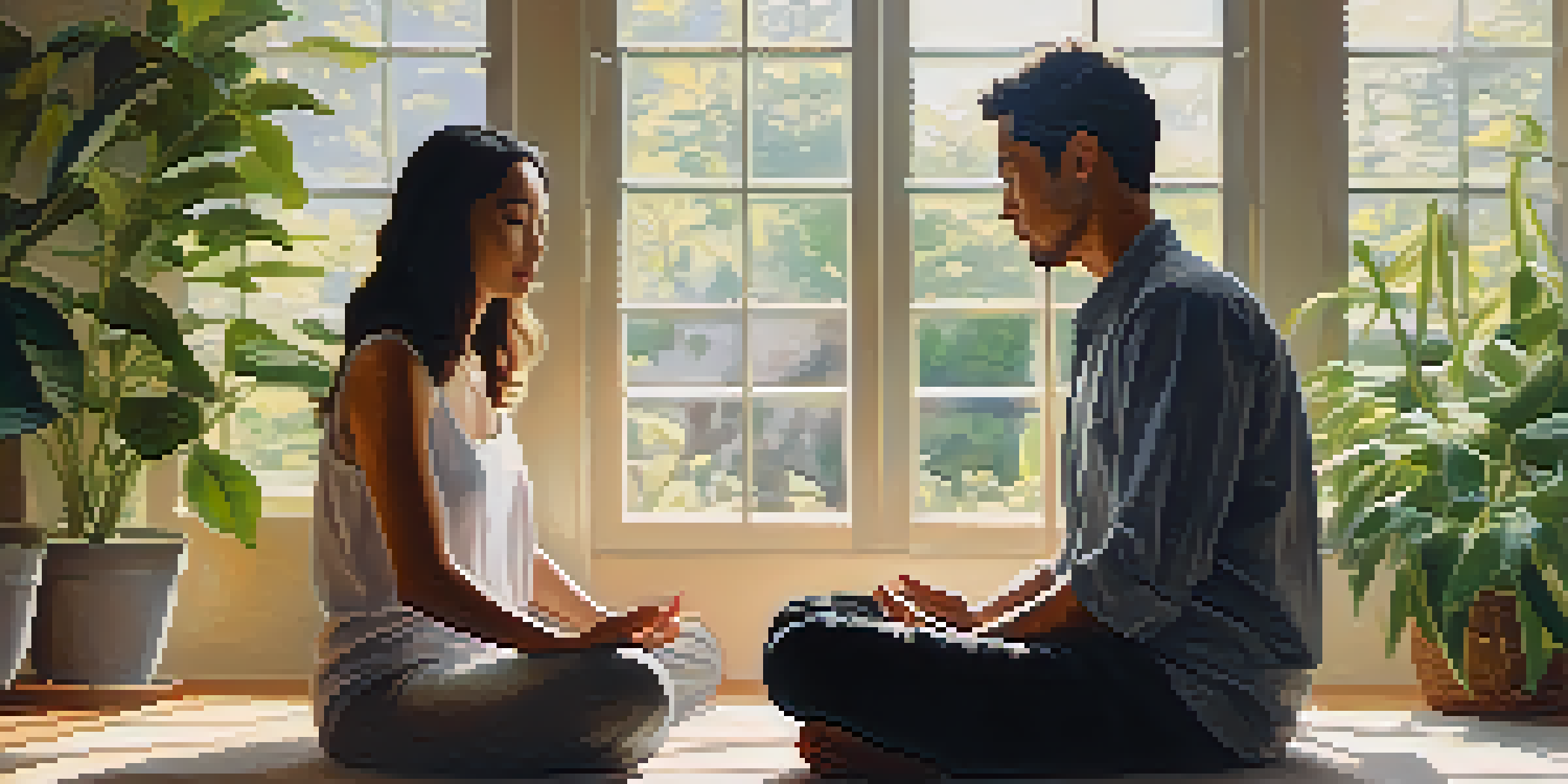 A couple meditating together in a cozy, sunlit room filled with plants, creating a peaceful atmosphere.