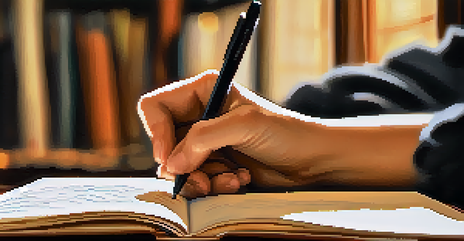 A close-up view of a hand holding a pen over a journal page filled with handwritten notes in a cozy study.