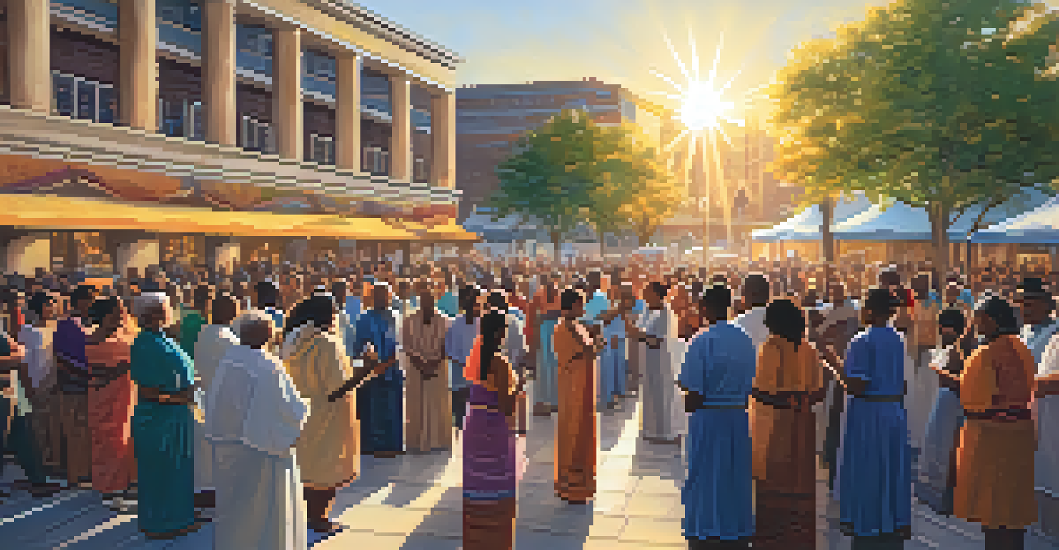 A diverse group of people engaging in a communal prayer in an urban plaza during sunset.