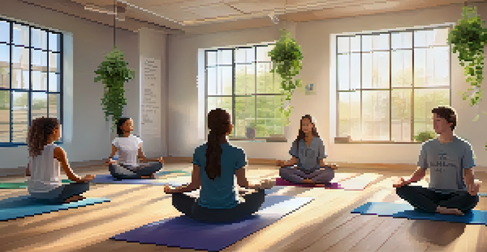 A classroom filled with students sitting on yoga mats in a meditation session, surrounded by plants and sunlight, creating a tranquil environment.