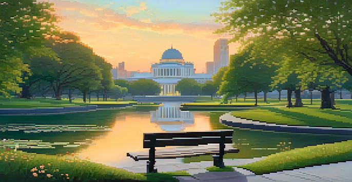 A tranquil park with flowers and a stream, contrasting with tall city buildings in the background at sunset, and a person sitting on a bench.