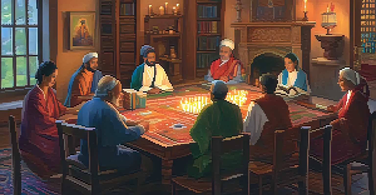 An inviting room with a wooden table, candles, and cultural artifacts, creating a cozy atmosphere for dialogue.