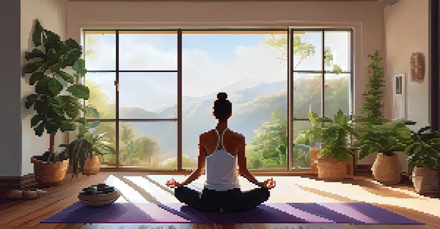 A person meditating on a yoga mat in a warm, inviting room filled with plants and natural light.