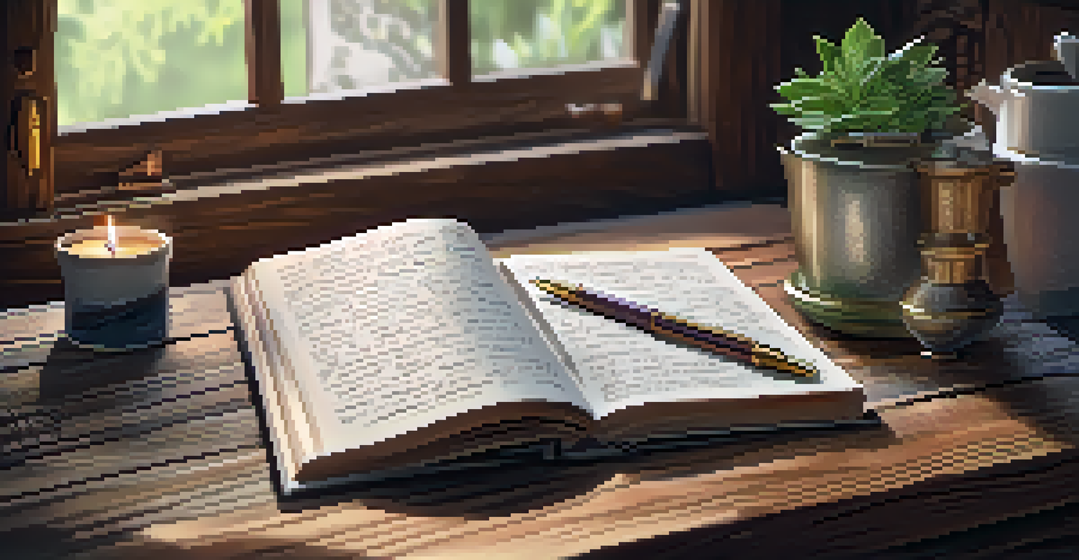 An open journal with affirmations on a wooden table, alongside a pen, a plant, and a cup of tea.
