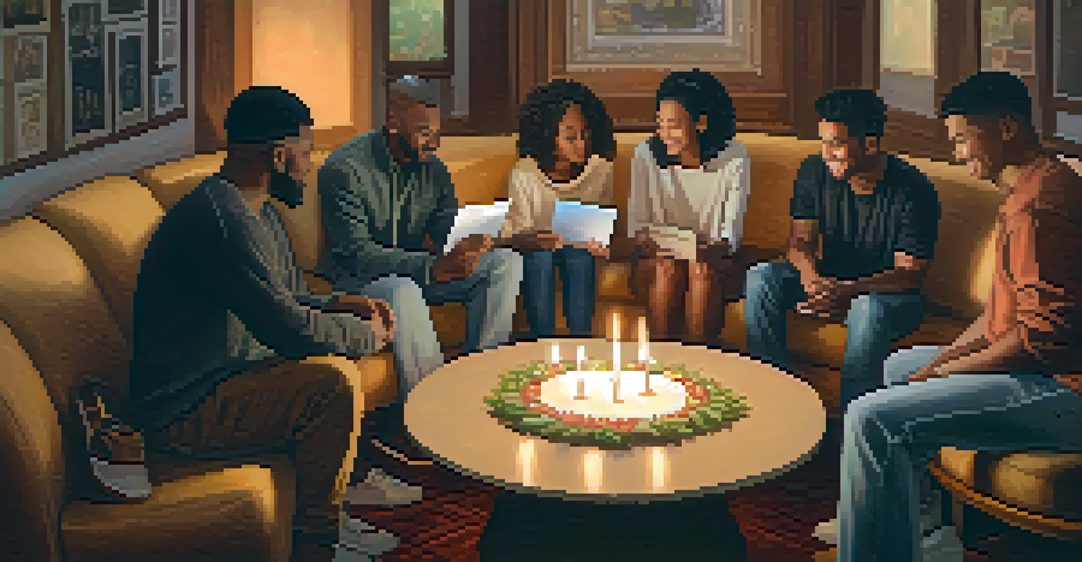 A group of diverse people sitting in a circle, sharing and discussing their affirmations in a cozy environment.