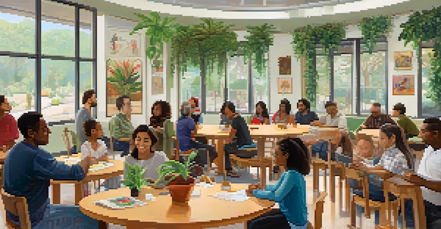 A warm community center with diverse individuals discussing around a round table, surrounded by plants and cultural artwork.