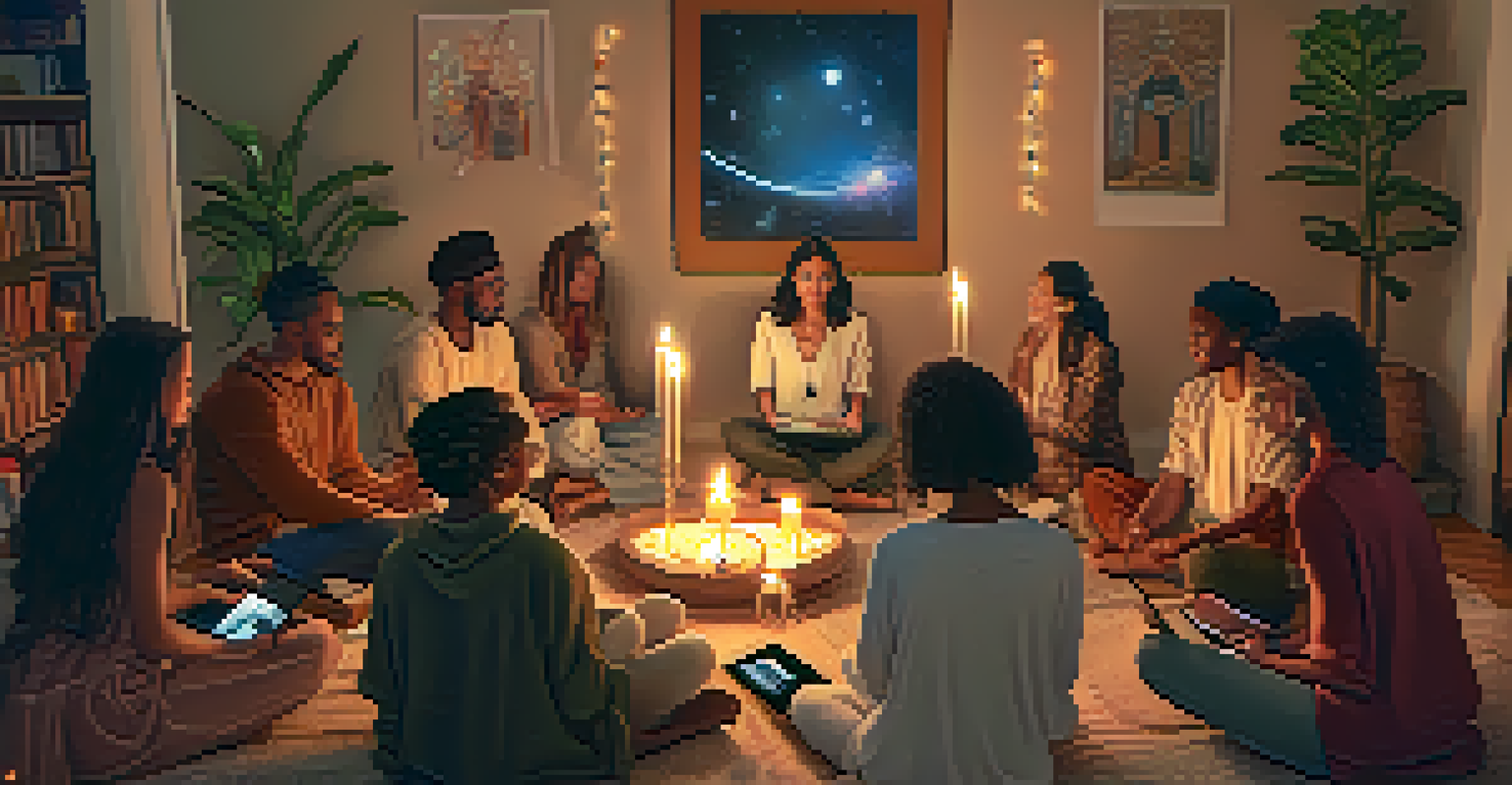 A virtual spiritual gathering with diverse participants on video call, each in their cozy spaces with candles and personal items.