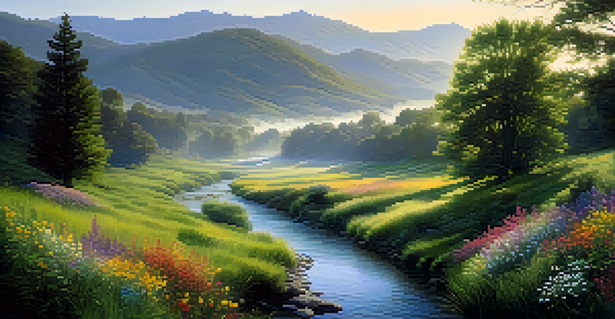A peaceful river scene in a green valley at dawn, with mist, sunlight, and blooming wildflowers.
