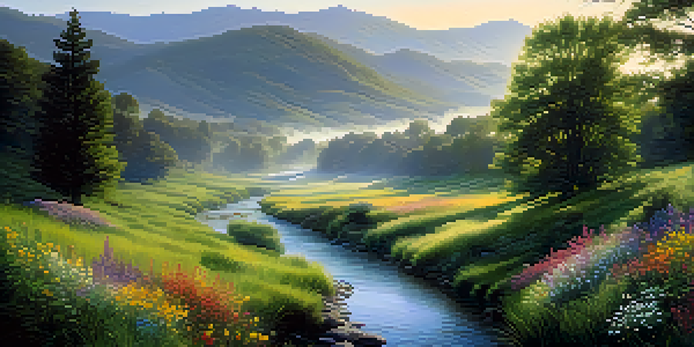 A peaceful river scene in a green valley at dawn, with mist, sunlight, and blooming wildflowers.