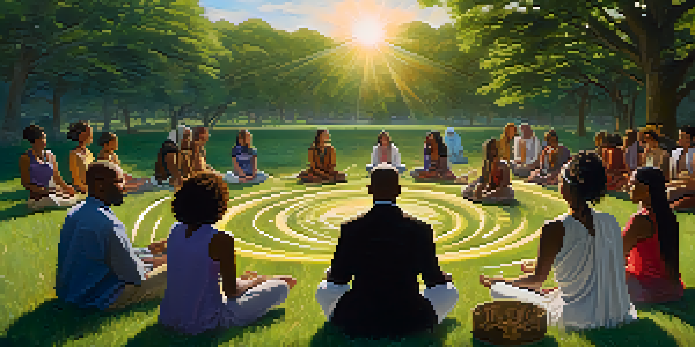 A diverse group of people seated in a circle outdoors, each holding spiritual symbols, surrounded by nature and sunlight.